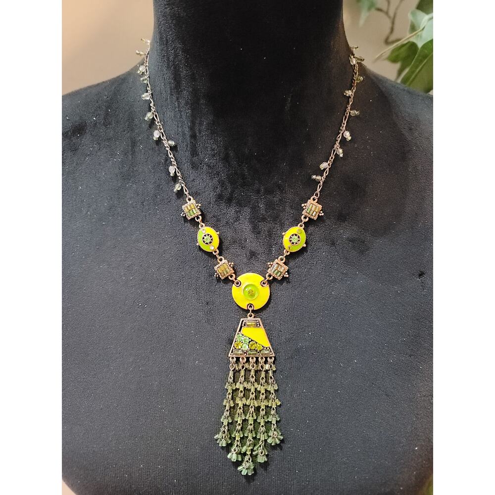 Vintage Green Rhinestone Fringe Necklace Copper Tone Boho Statement Jewelry - Picture 2 of 7